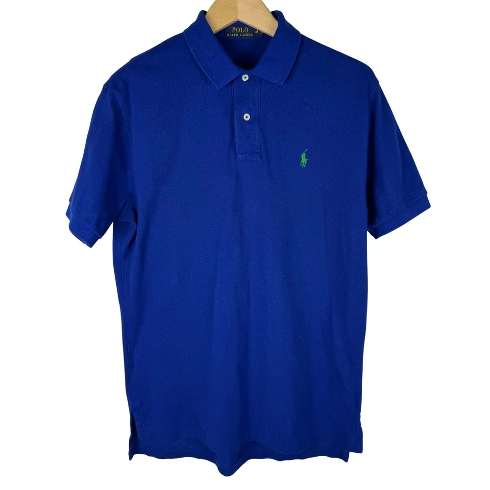 Polo Ralph Lauren Mesh Short Sleeve Polo Shirt Mens M Blue Lime Green Polo Pony - Picture 2 of 6